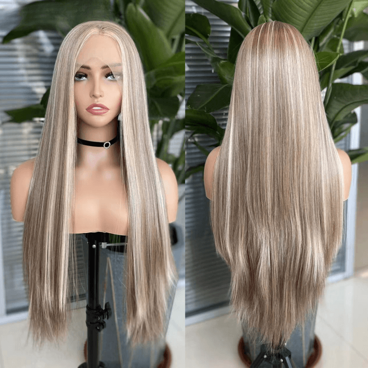 Straight Ash Blonde Balayage Wig – HD Lace Front Human Hair with Highlights - Majesty Wig