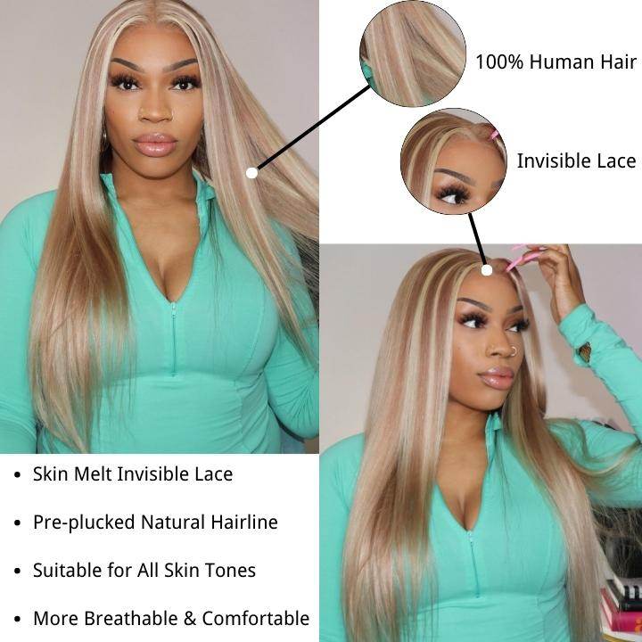Straight Ash Blonde Balayage Wig – HD Lace Front Human Hair with Highlights - Majesty Wig