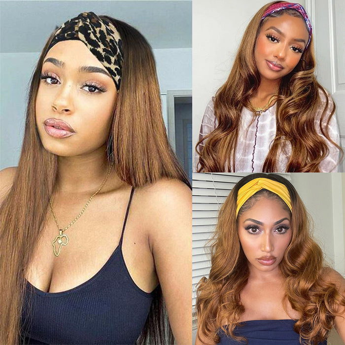 #30 Chestnut Brown Headband Wig – Straight or Body Wave Human Hair Half Wig for Women