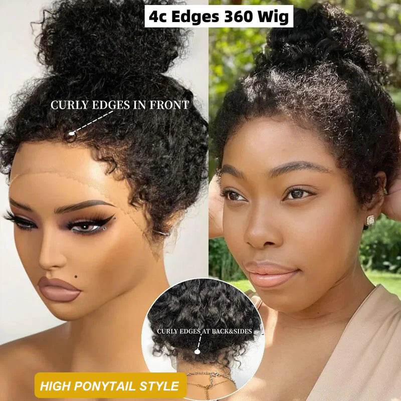 4C Kinky Edges 360 Lace Frontal Wig – Kinky Curly Human Hair, Pre-Plucked & Natural Look - Majesty Wig