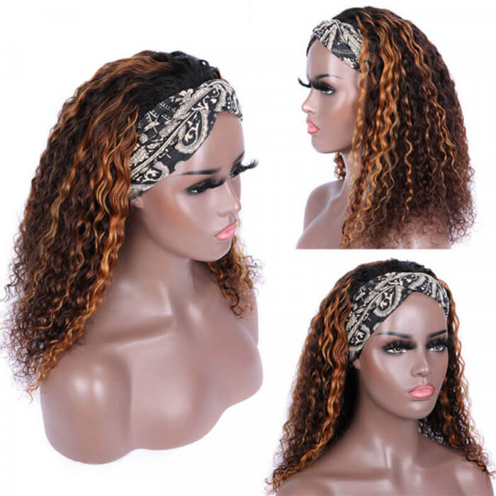 #4/30 Highlight Curly Headband Wig – 100% Human Hair Glueless Wig for Women