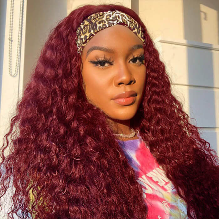 99J Burgundy Deep Wave Headband Wig – Glueless Human Hair Wig for Women