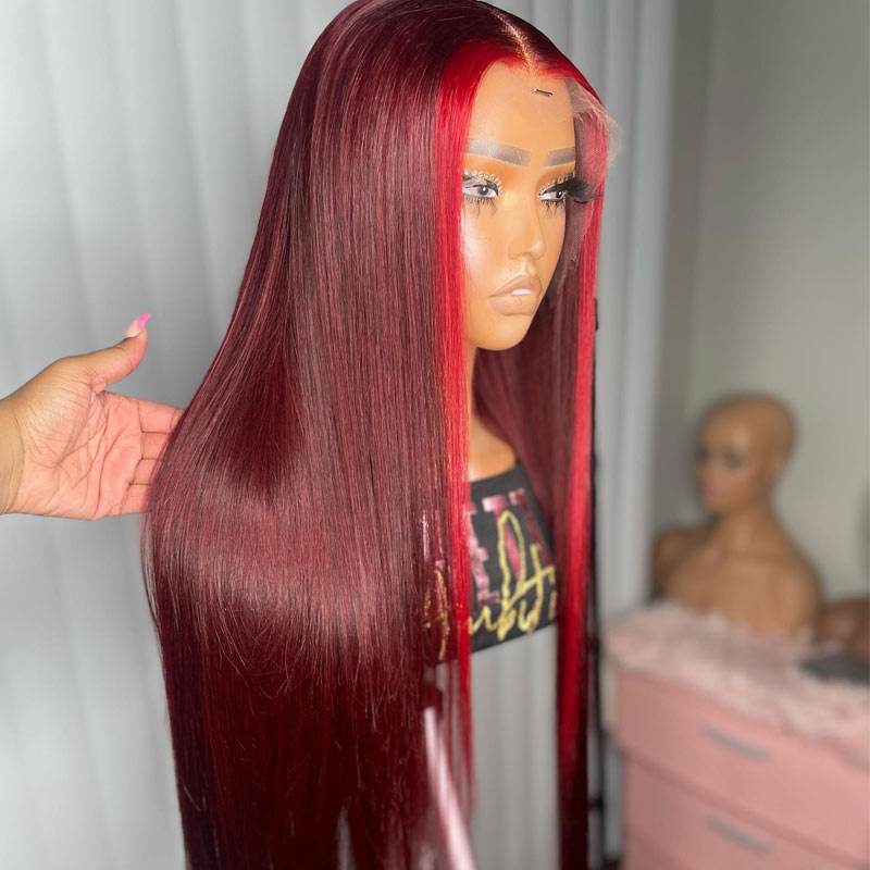 99J Burgundy Ombre Straight Wig – HD Lace Front, Pre-Plucked Human Hair Wig with Natural Hairline - Majesty Wig