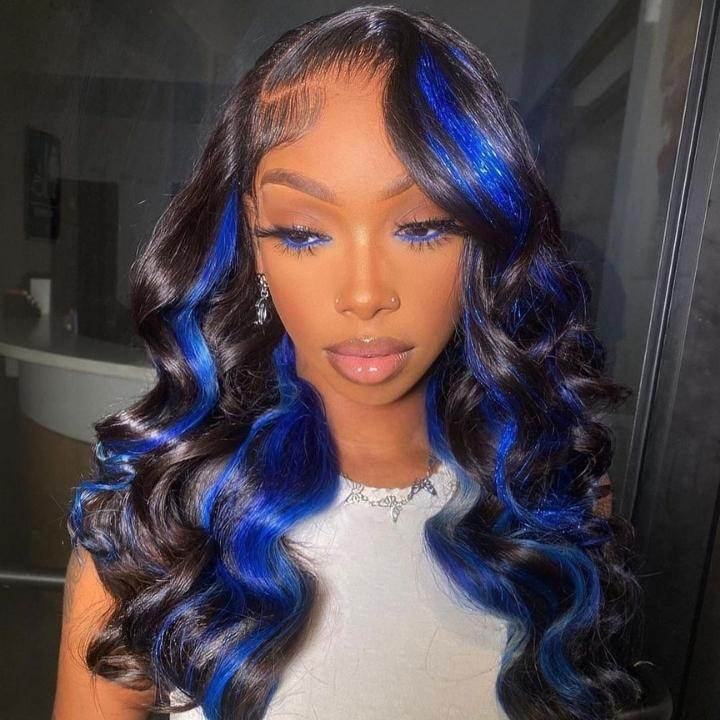 Blue Highlight Body Wave Wig – Glueless Transparent Lace Front Human Hair Wig for Women - Majesty Wig