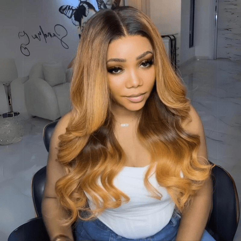 Brown Blonde Body Wave Lace Front Wig – 13x4 HD Lace, 180% Density, with Natural Black Roots - Majesty Wig