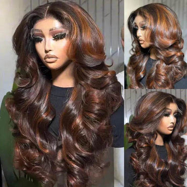 Brown Highlight Ombre Lace Front Wig – 13x4 Body Wave Human Hair, Pre-Plucked for Natural Look - Majesty Wig