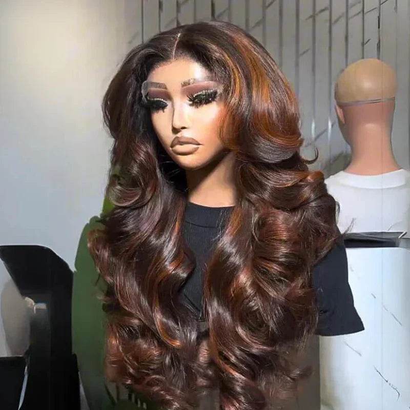 Brown Highlight Ombre Lace Front Wig – 13x4 Body Wave Human Hair, Pre-Plucked for Natural Look - Majesty Wig