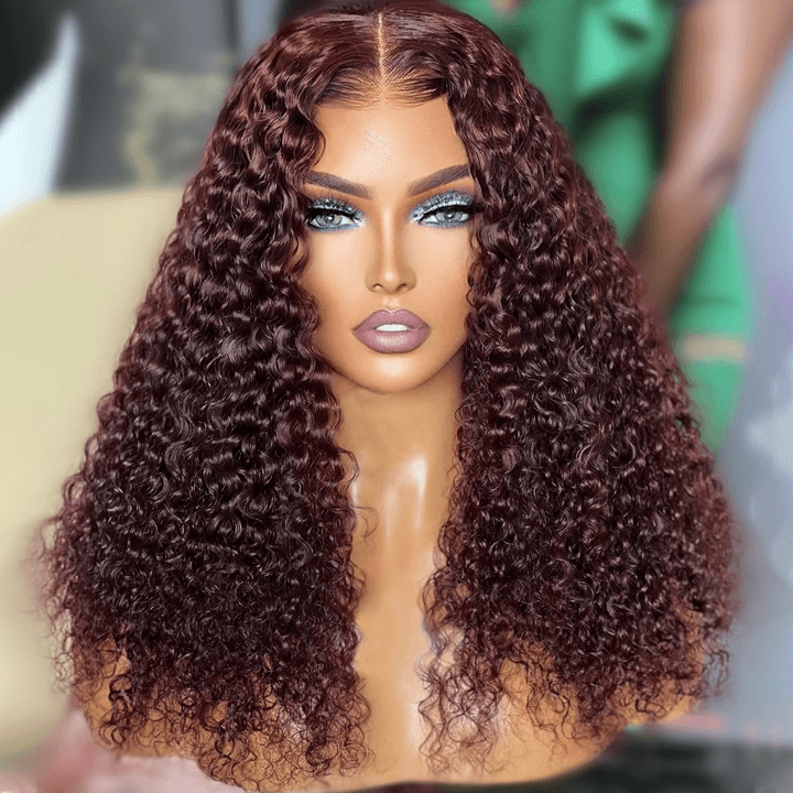 Burgundy Spanish Curly Lace Front Wig – 13x4 HD Transparent Human Hair, Pre-Plucked Hairline - Majesty Wig