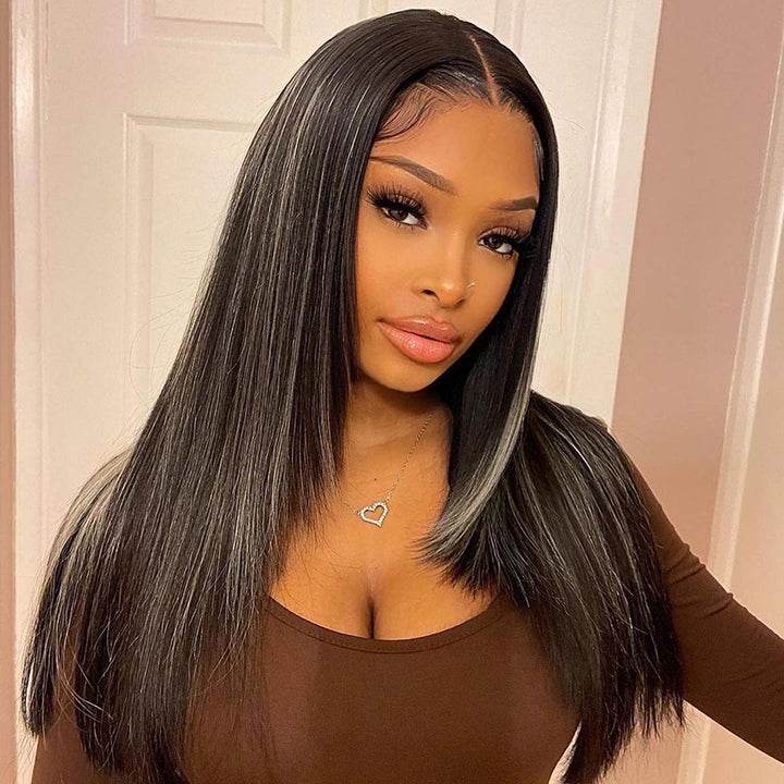 Butterfly Cut Highlight Wig – HD Lace Straight Human Hair with Gray & Black Layers - Majesty Wig