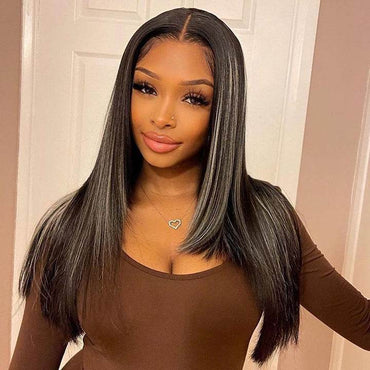 Butterfly Cut Highlight Wig – HD Lace Straight Human Hair with Gray & Black Layers - Majesty Wig