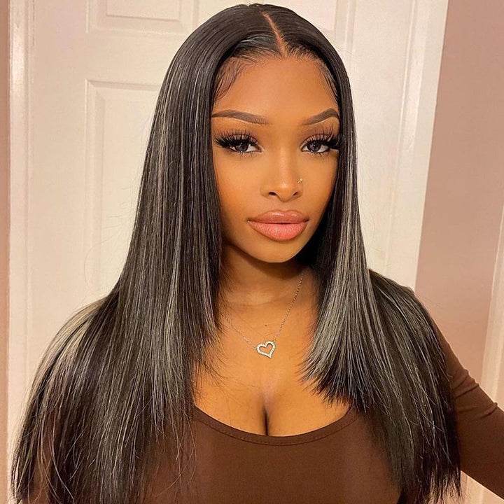 Butterfly Cut Highlight Wig – HD Lace Straight Human Hair with Gray & Black Layers - Majesty Wig