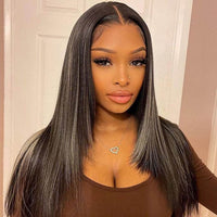 Butterfly Cut Highlight Wig – HD Lace Straight Human Hair with Gray & Black Layers - Majesty Wig