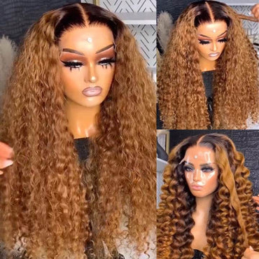Caramel Brown Ombre Water Wave Wig – HD Lace Front Human Hair with Dark Roots for Women - Majesty Wig
