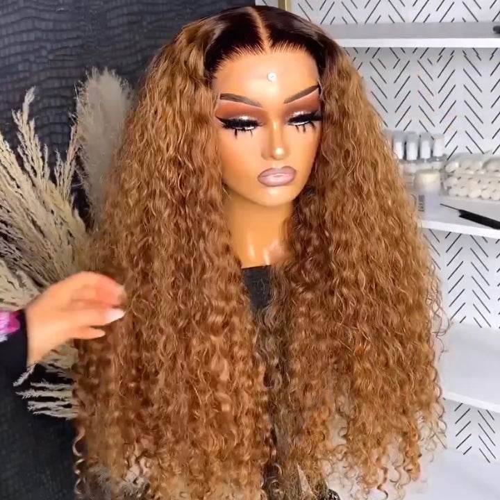 Caramel Brown Ombre Water Wave Wig – HD Lace Front Human Hair with Dark Roots for Women - Majesty Wig