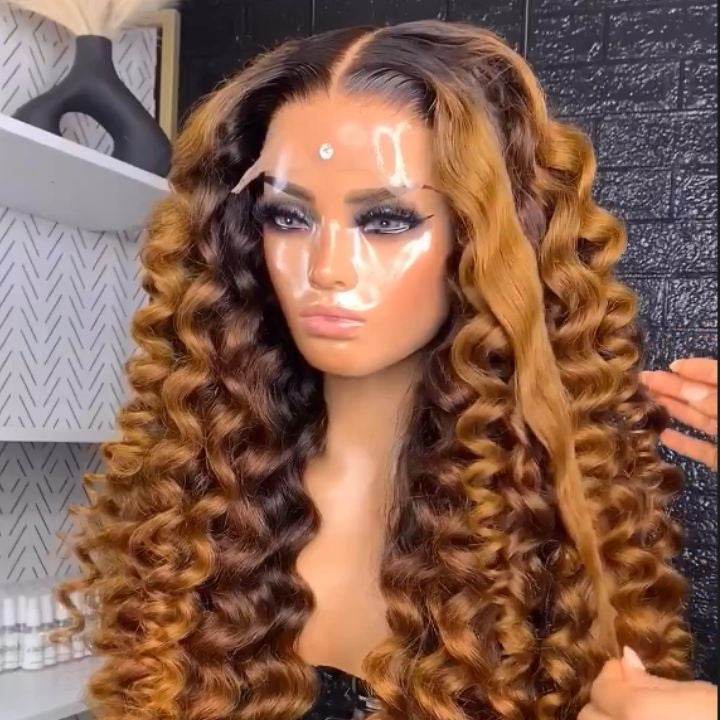 Caramel Brown Ombre Water Wave Wig – HD Lace Front Human Hair with Dark Roots for Women - Majesty Wig