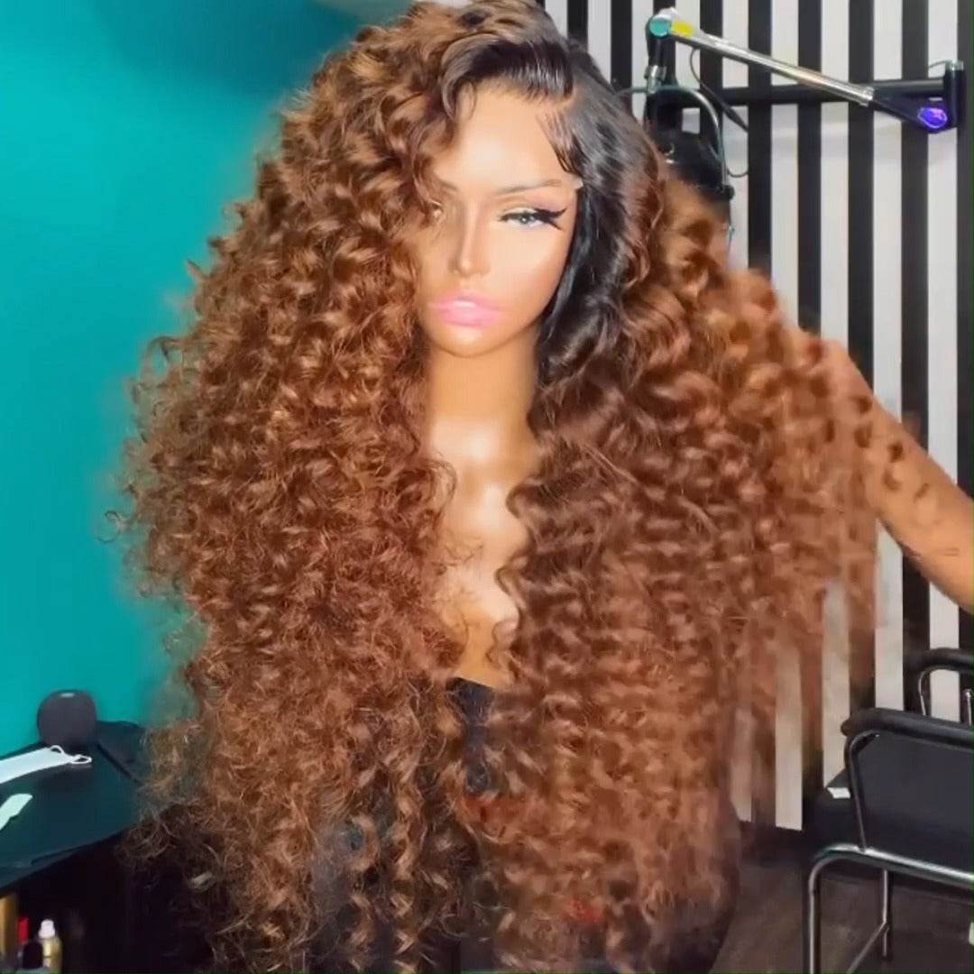 Caramel Brown Wand Curly Lace Front Wig – 13x4 HD Human Hair Wig with Dark Roots for Women - Majesty Wig