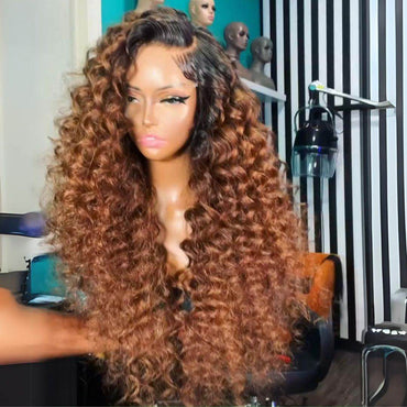 Caramel Brown Wand Curly Lace Front Wig – 13x4 HD Human Hair Wig with Dark Roots for Women - Majesty Wig