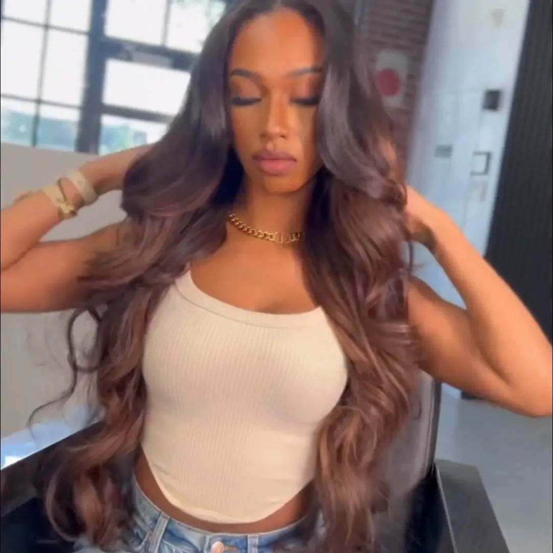 Chestnut Brown Highlight Glueless Body Wave 13x4 Lace Front Wig - Majesty Wig