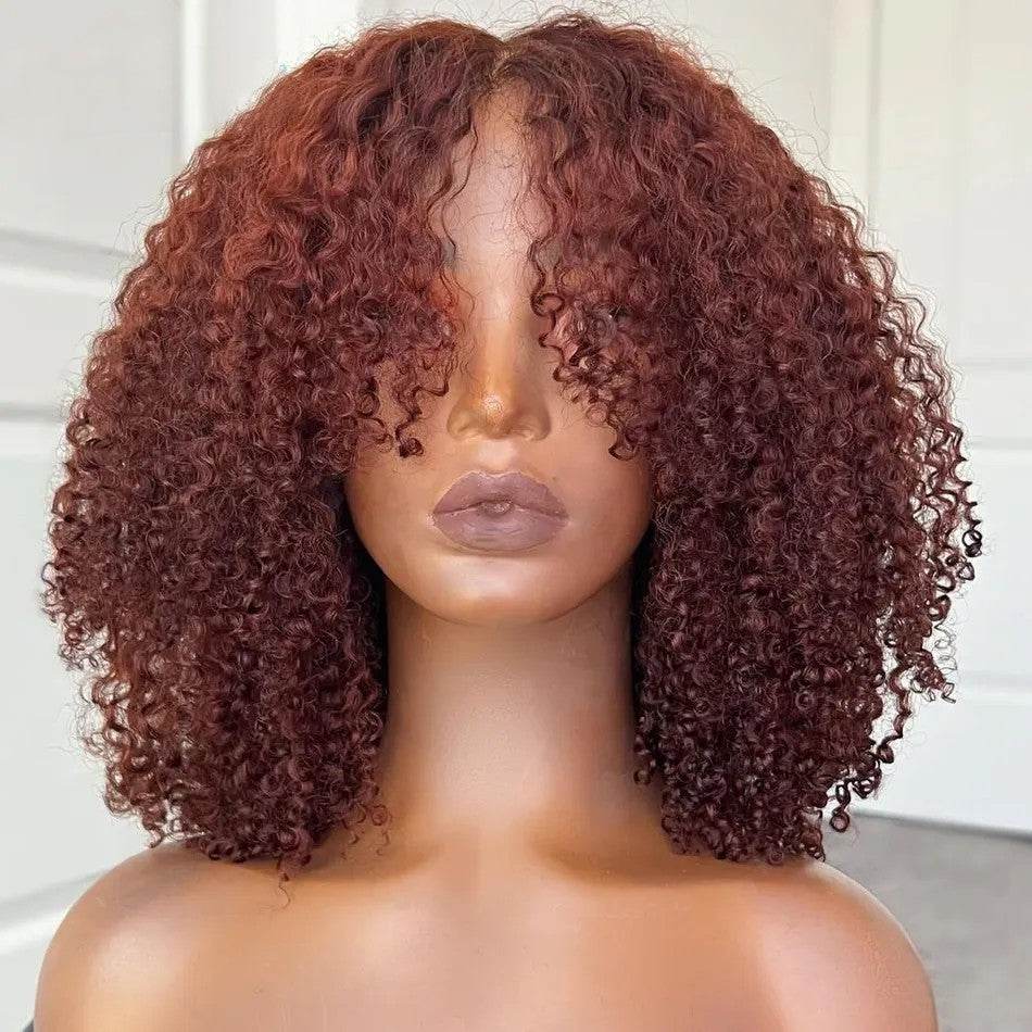 Copper Red Afro Kinky Curly Wig – Reddish Brown Human Hair with Curtain Bangs, Glueless & Beginner-Friendly - Majesty Wig