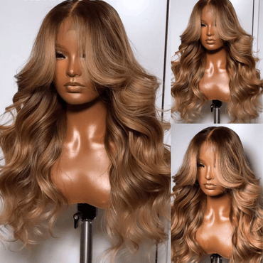 Dark Brown Lace Front Wig with Curtain Bangs – Human Hair 13x4 Wig with Blonde Highlights - Majesty Wig