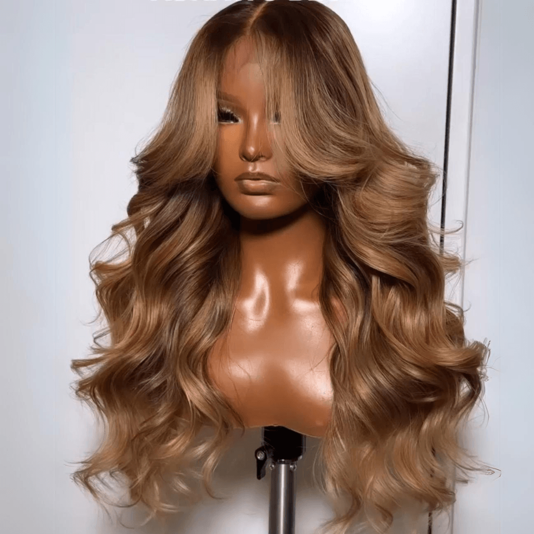 Dark Brown Lace Front Wig with Curtain Bangs – Human Hair 13x4 Wig with Blonde Highlights - Majesty Wig
