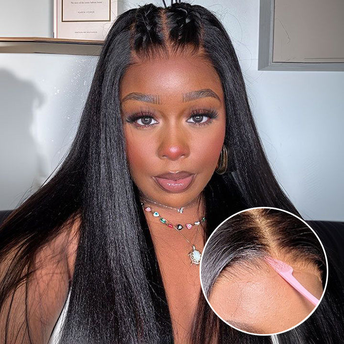 Glueless Yaki Straight Wig – 8x5 Pre-Cut Lace Closure Human Hair Wig with Pre-Plucked Hairline