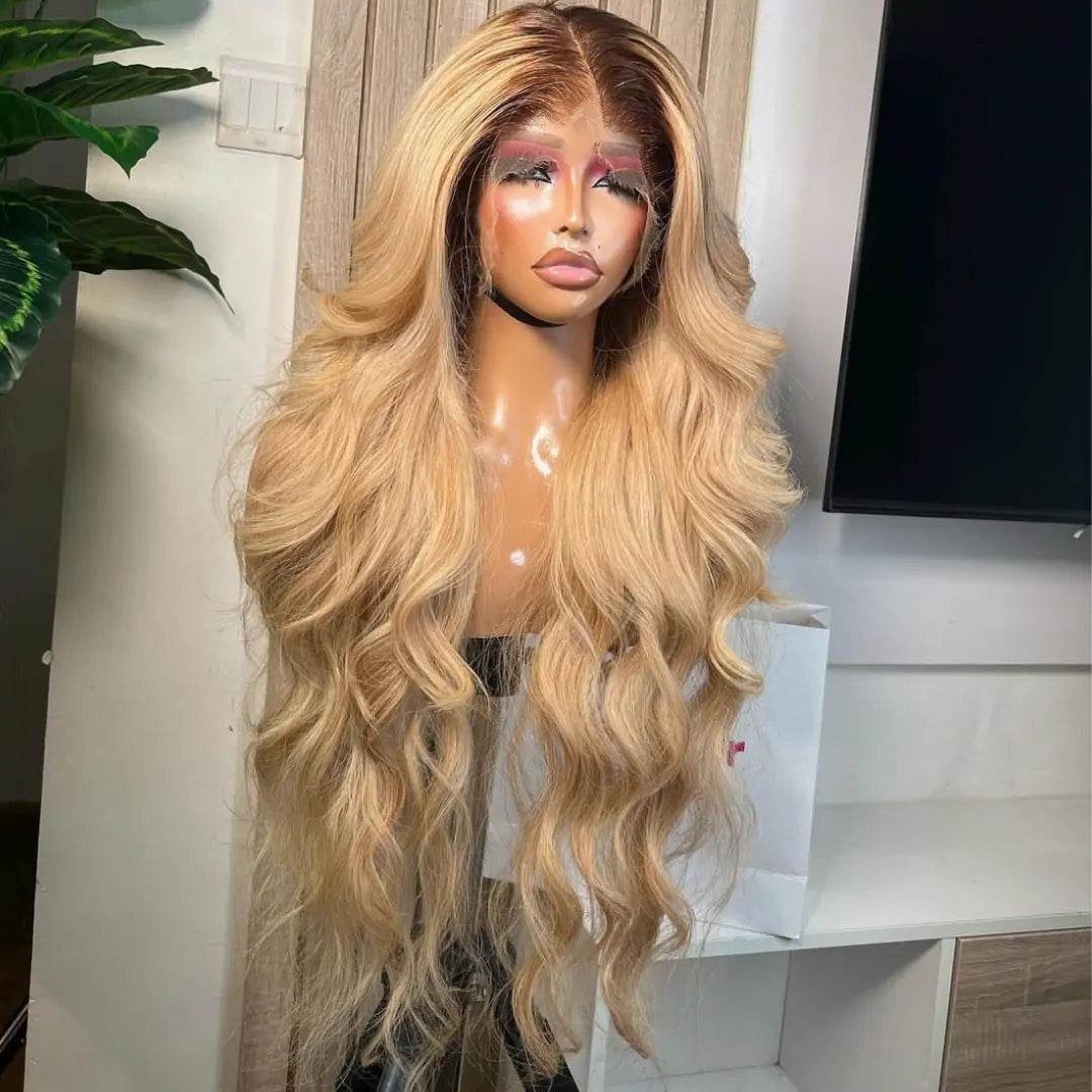 Honey Blonde Body Wave Wig with Black Root – 13x4 HD Lace Front, Pre-Plucked Human Hair - Majesty Wig