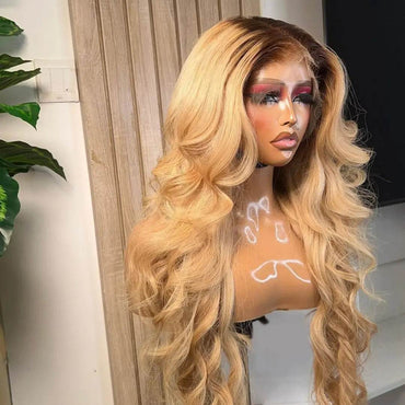 Honey Blonde Body Wave Wig with Black Root – 13x4 HD Lace Front, Pre-Plucked Human Hair - Majesty Wig