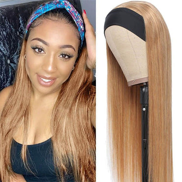 Honey Blonde Headband Wig – 100% Human Hair, Straight or Body Wave, Glueless Half Wig for Women
