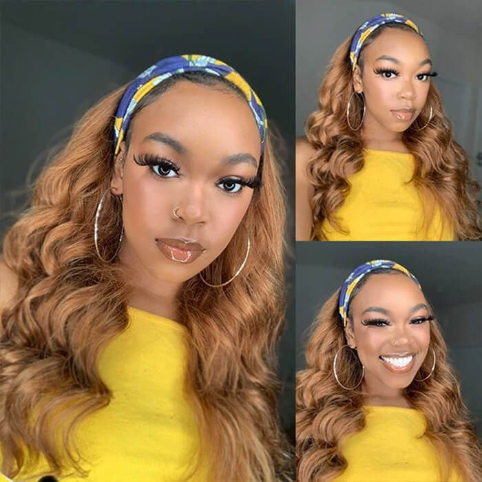 Honey Blonde Headband Wig – 100% Human Hair, Straight or Body Wave, Glueless Half Wig for Women
