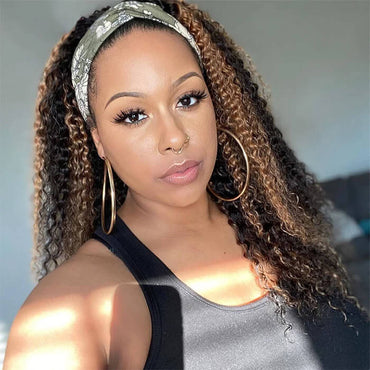Honey Blonde Highlight Curly Headband Wig – Glueless Human Hair Wig for Women