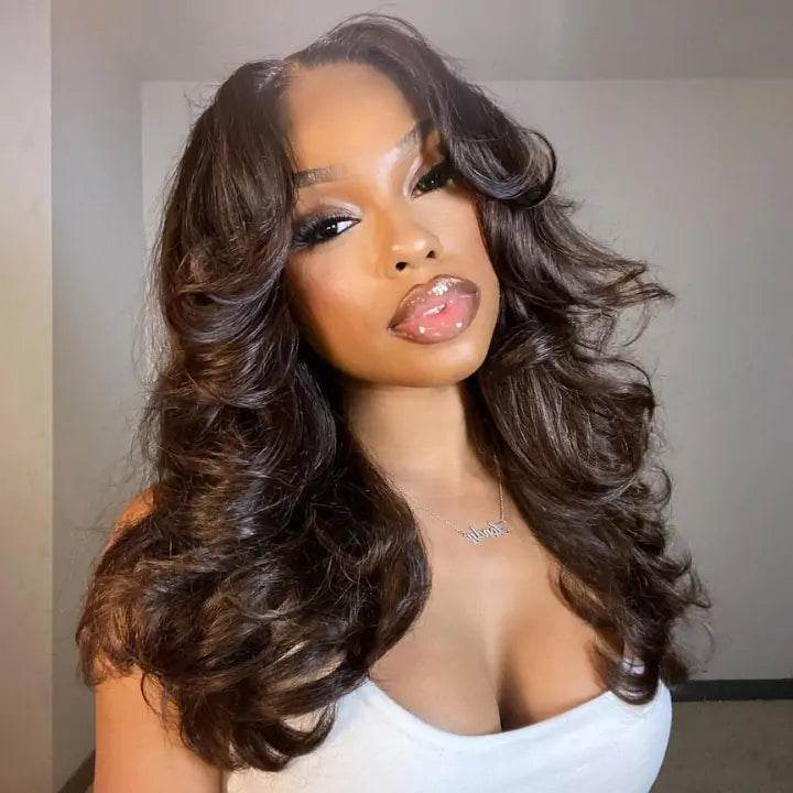 Layered Body Wave Wig – Glueless Human Hair with Pre-Cut Lace & Curtain Bangs - Majesty Wig
