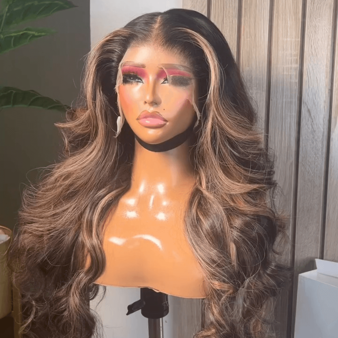 Ombre Brown Highlight Body Wave Wig – 13x4 Lace Front, Pre-Plucked Human Hair Wig - Majesty Wig