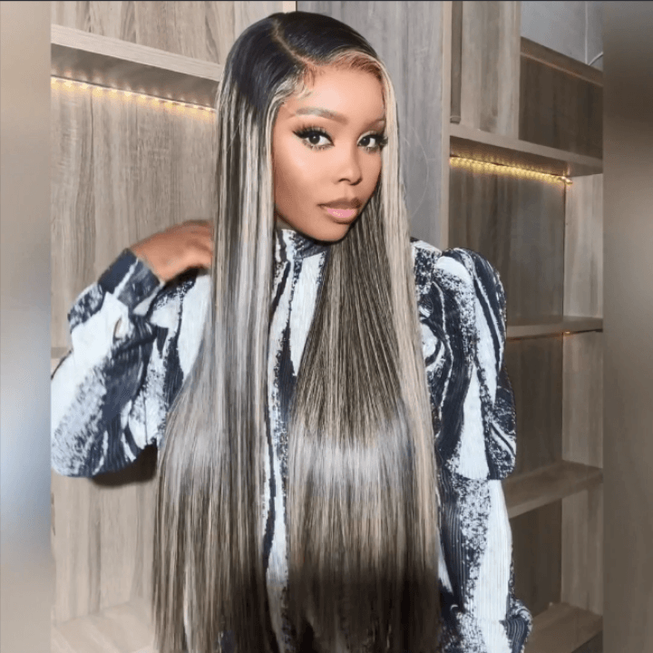 Platinum Gray Highlight Wig – Glueless Silky Straight 100% Human Hair - Majesty Wig
