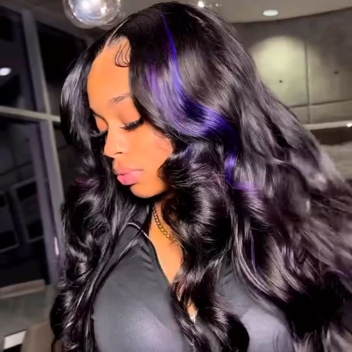 Purple Highlight Body Wave Wig – Black Human Hair Lace Front, Glueless & Transparent HD Lace for Women