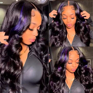 Purple Highlight Body Wave Wig – Black Human Hair Lace Front, Glueless & Transparent HD Lace for Women