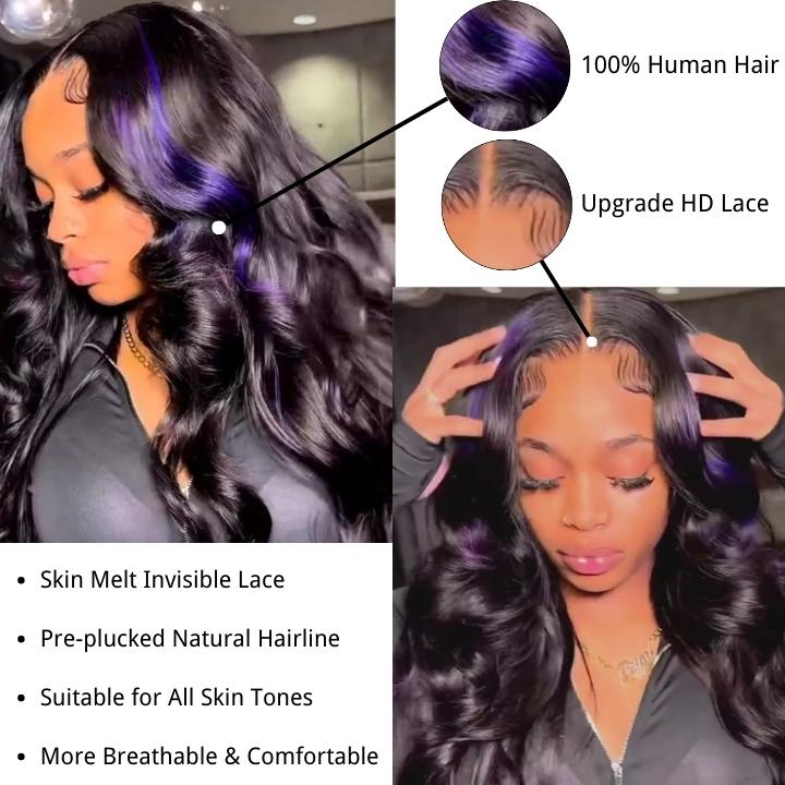 Purple Highlight Body Wave Wig – Black Human Hair Lace Front, Glueless & Transparent HD Lace for Women