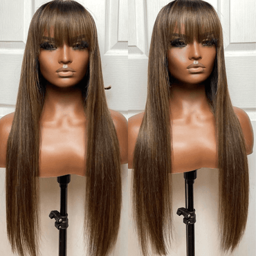 Put On & Go Light Brown With Blonde Straight Glueless 5x5 HD Lace Wig With bangs Highlight Colored Easy to Wear Human Hair Wigs-Geeta Hair - Majesty Wig