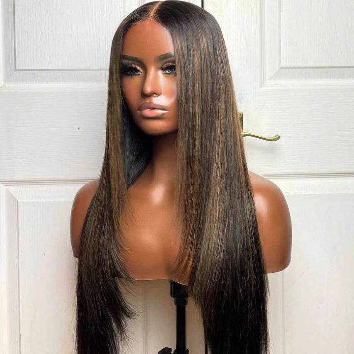 Put On & Go Light Brown With Blonde Straight Glueless 5x5 HD Lace Wig With bangs Highlight Colored Easy to Wear Human Hair Wigs-Geeta Hair - Majesty Wig