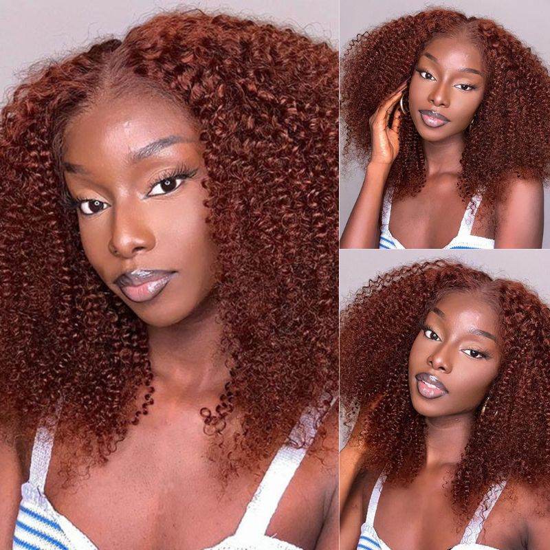 Reddish Brown Afro Kinky Curly Lace Front Wig – 100% Human Hair, Pre-Bleached, Pre-Plucked, Glueless, 180% Density - Majesty Wig