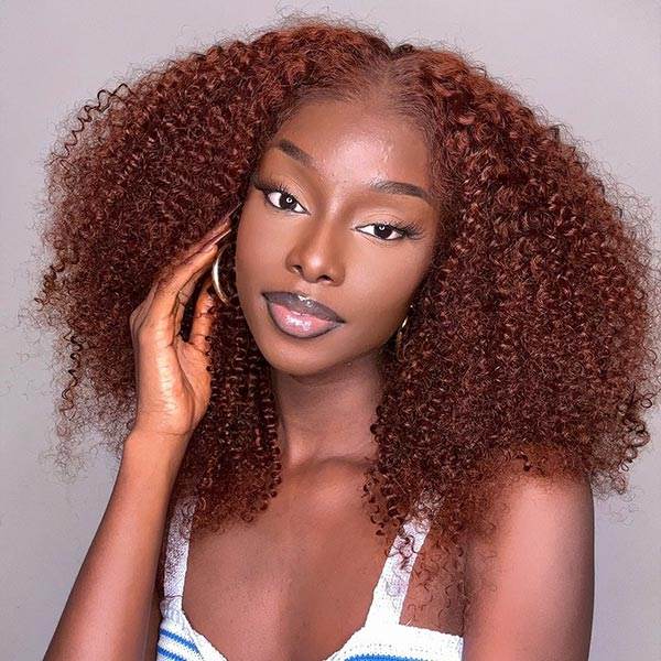 Reddish Brown Afro Kinky Curly Lace Front Wig – 100% Human Hair, Pre-Bleached, Pre-Plucked, Glueless, 180% Density - Majesty Wig