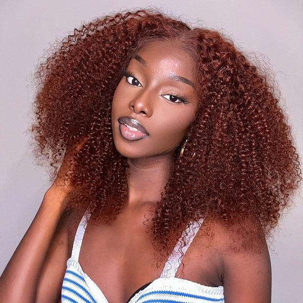 Reddish Brown Afro Kinky Curly Lace Front Wig – 100% Human Hair, Pre-Bleached, Pre-Plucked, Glueless, 180% Density - Majesty Wig