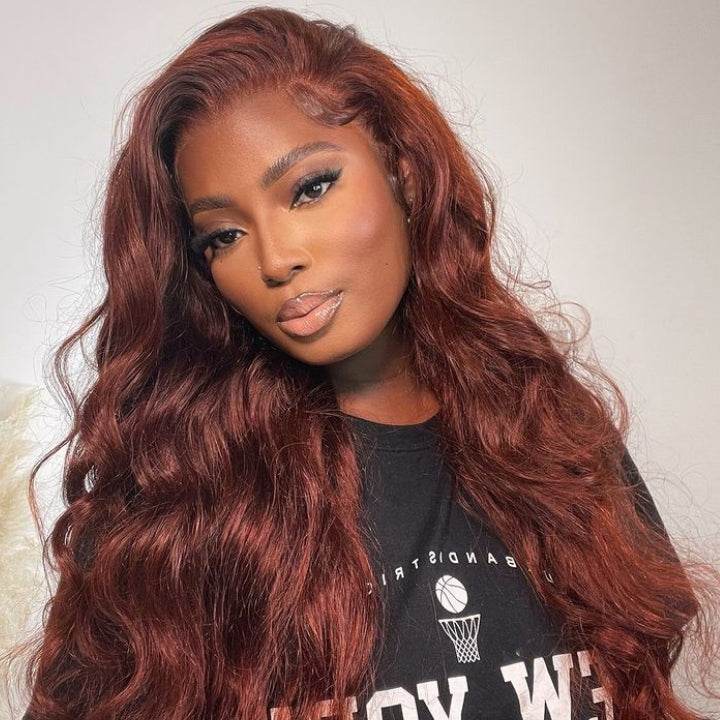 Reddish Brown Body Wave Wig – 13x4 HD Transparent Lace Front, Human Hair, Auburn Color - Majesty Wig
