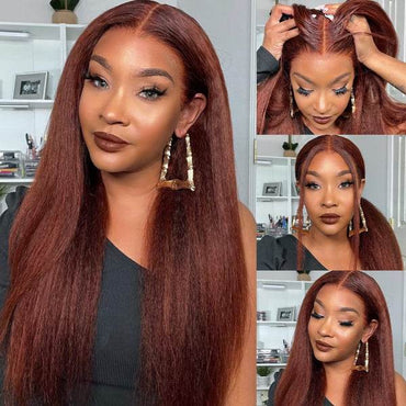 Reddish Brown Kinky Straight HD Lace Wig – 13x4 / 4x4 Auburn Glueless Human Hair Wig - Majesty Wig