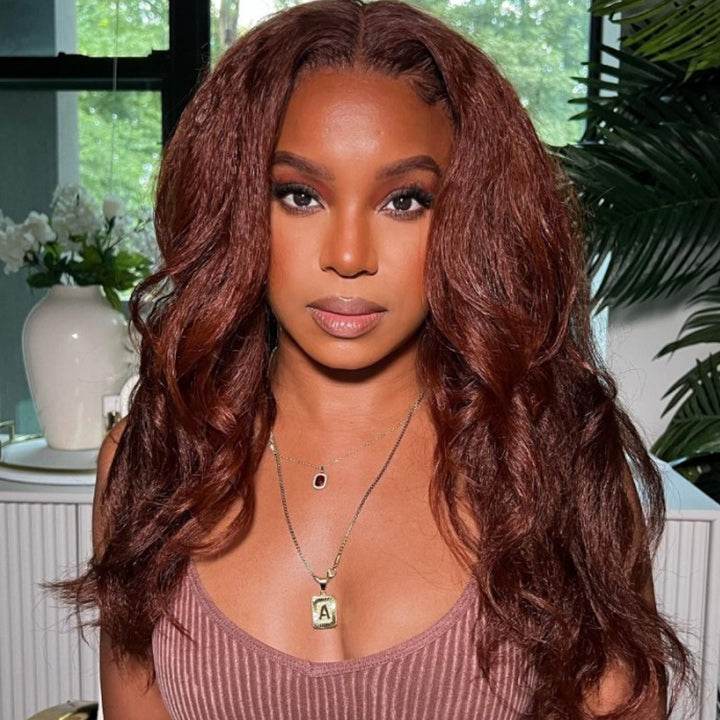Reddish Brown Kinky Straight HD Lace Wig – 13x4 / 4x4 Auburn Glueless Human Hair Wig - Majesty Wig