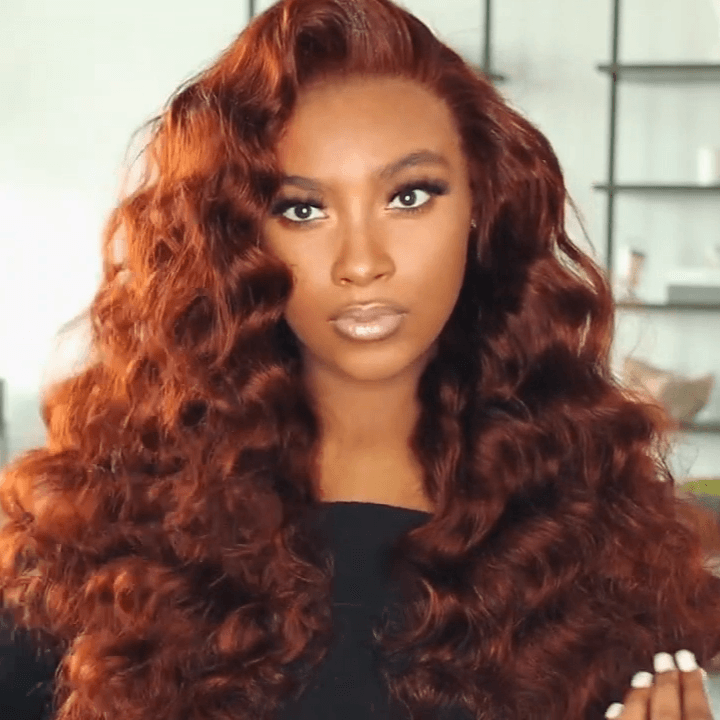 Reddish Brown Loose Deep Wave HD Lace Front Wig – Pre-Plucked Human Hair, Dark Auburn Color - Majesty Wig