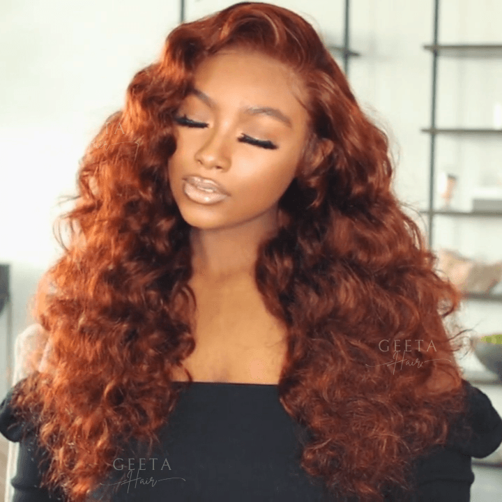 Reddish Brown Loose Deep Wave HD Lace Front Wig – Pre-Plucked Human Hair, Dark Auburn Color - Majesty Wig