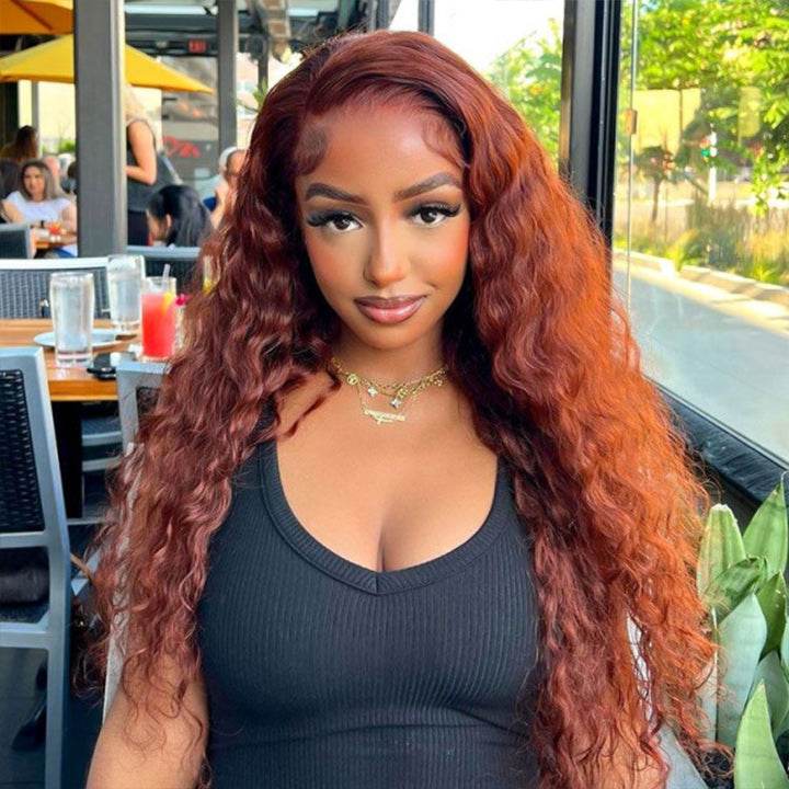 Reddish Brown Water Wave Wig – HD Lace Front 13x4 / 5x5 Glueless Human Hair, Auburn Color - Majesty Wig