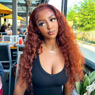 Reddish Brown Water Wave Wig – HD Lace Front 13x4 / 5x5 Glueless Human Hair, Auburn Color - Majesty Wig
