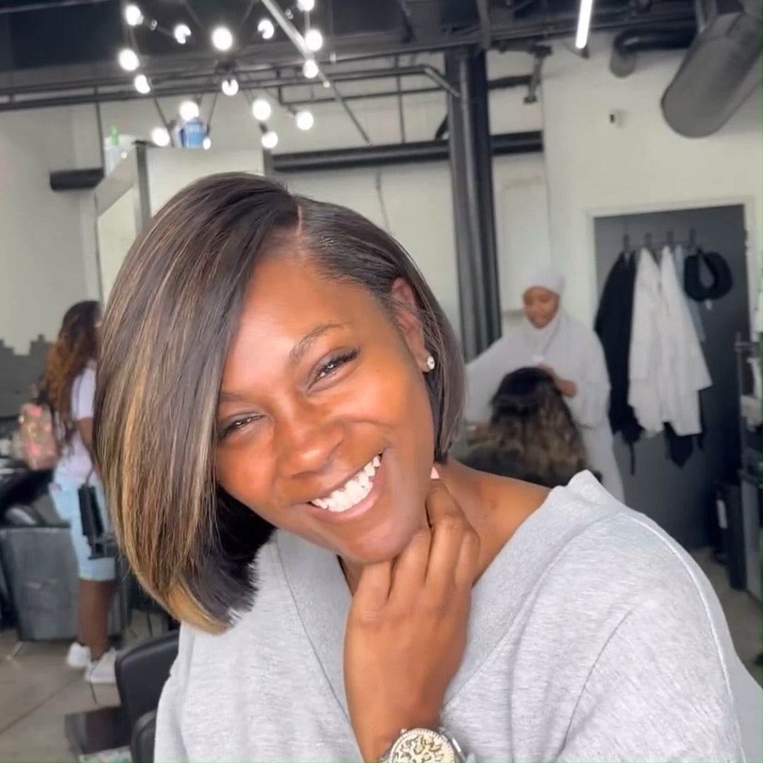 Short Brown Highlight Bob Wig – Side Part, Straight, Glueless Lace Front Human Hair, Pre-Plucked - Majesty Wig